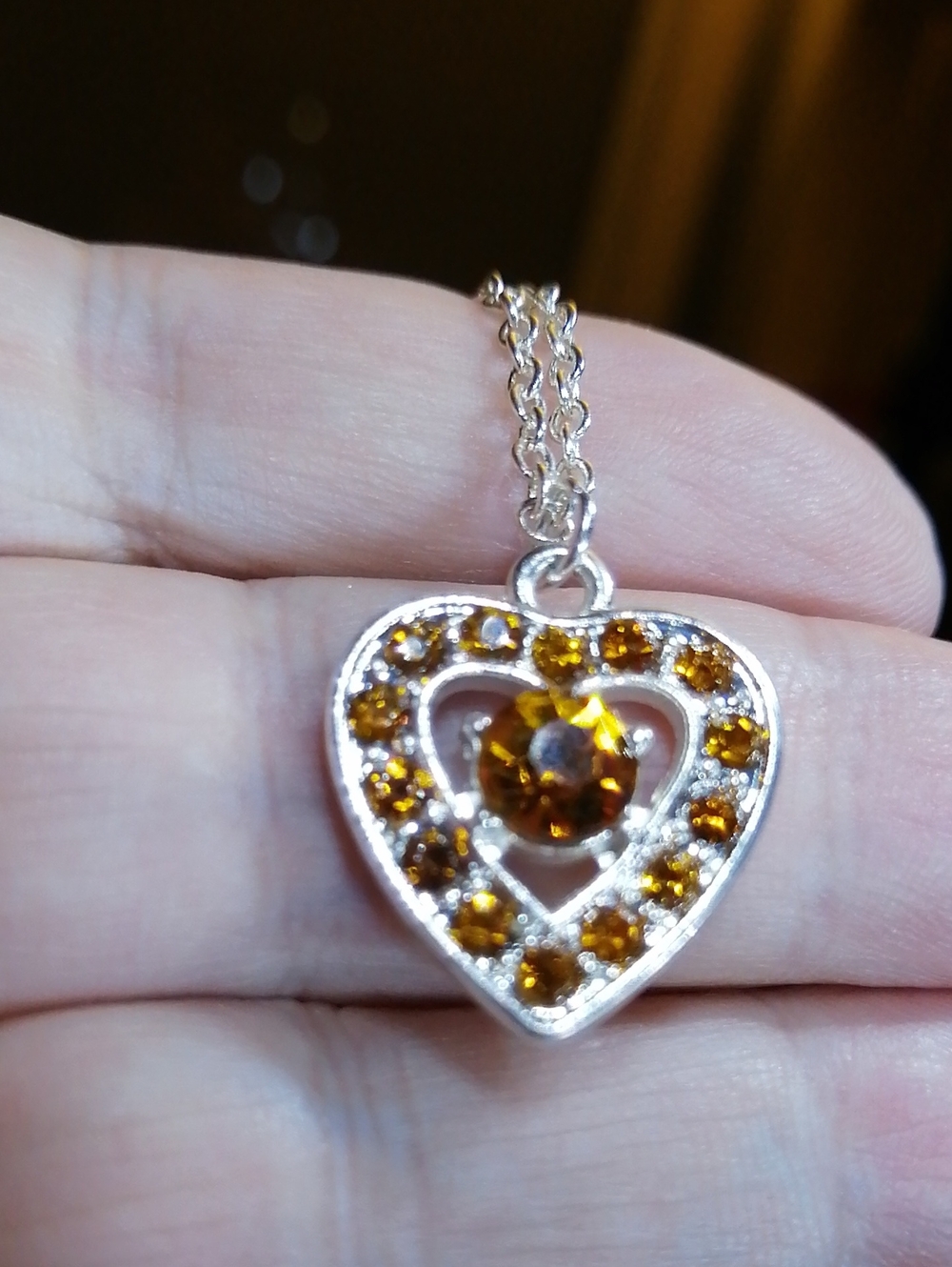 Delicate Amber Colour Crystals Heart Pendant Necklace 18" Long